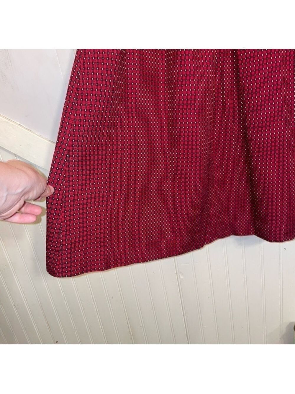 Vintage 90s Bechamel Red Geometric Rayon Midi Skirt High Waist Button Detail Cot - Picture 4 of 11